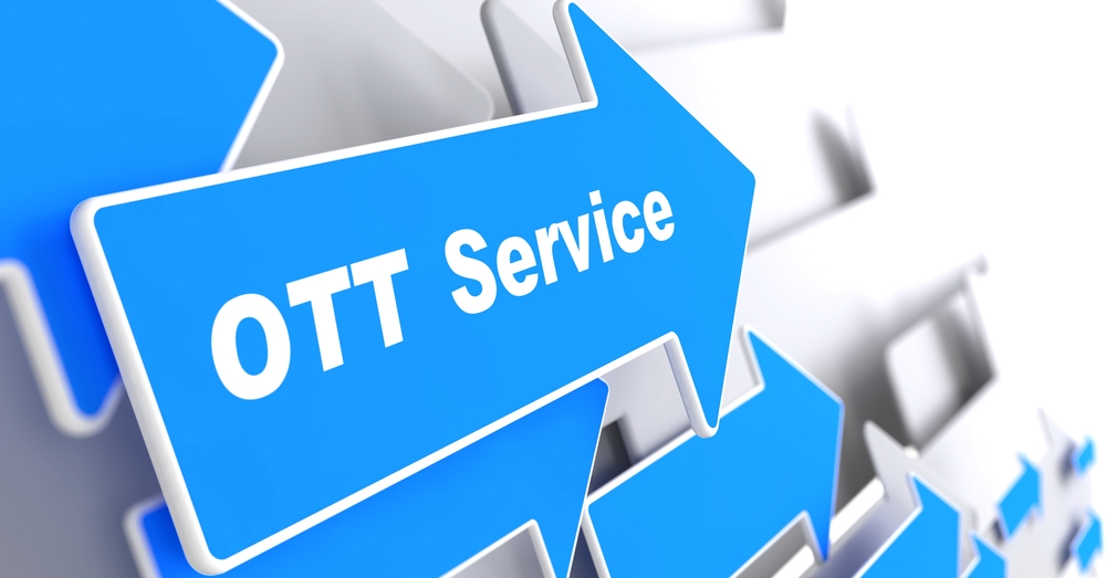 OTT Service. Information Technology Concept. Blue Arrow with OTT Service slogan on a grey background. 3D Render.